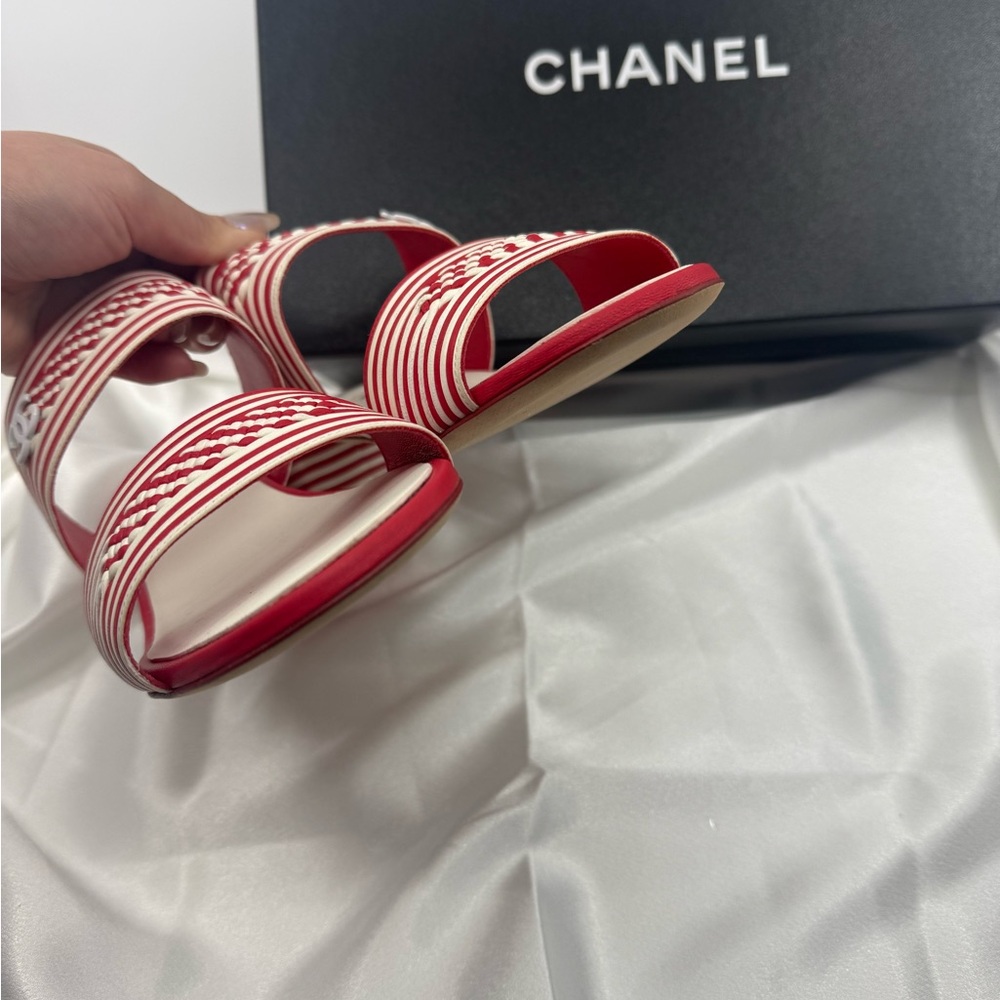 Chanel CC Braided Red and White Striped Sandals - Size 38 - Picture 7 of 12